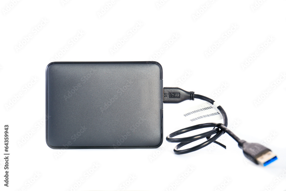 Portable external HDD hard disk drive with USB cable on white ba Stock ...