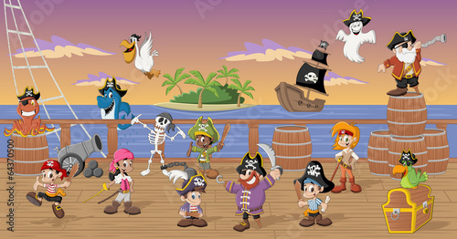 Group of cartoon pirates with funny animals on a decks of a ship