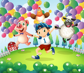 Poster - A boy and his animals at the farm with floating balloons