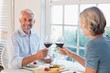 © lightwavemedia - Portrait of a mature couple toasting wine glasses over food by t