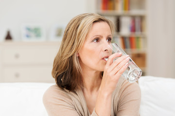 frau tinkt ein glas wasser zu hause