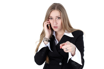 woman in business outfit talking to mobile isolated  on white