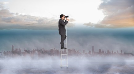 Poster - Composite image of businessman standing on ladder