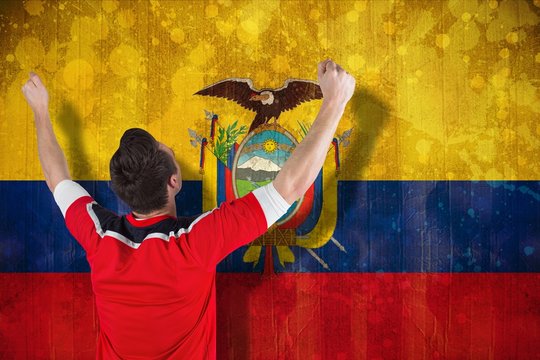 Composite image of excited football fan cheering