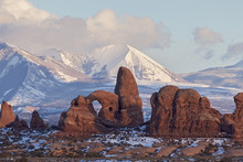 Turret Arch With Snow Mountains, Arches National Park, Utah