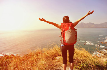 Wall Mural - cheering woman hiker stand seaside enjoy the view 