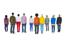 Group Of Multiethnic Colorful People Facing Backwards