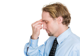 Pressure. Side view headshot stressed young business man 