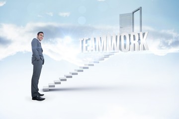 Poster - Teamwork against white steps leading to open door