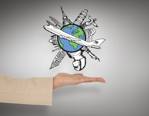 Poster - Composite image of female hand presenting global travel graphic