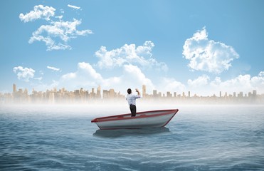 Poster - Composite image of businessman posing with arms up in a sailboat