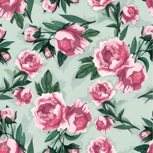 Naklejka - mata magnetyczna na lodówkę Seamless floral pattern with of pink roses, watercolor.