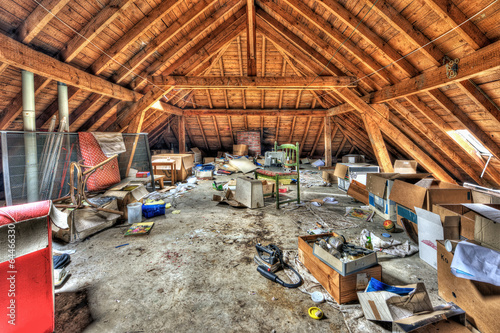 Fotografía Messy attic roof space at abandoned house