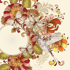 Poster - Floral vector design with swirl element, butterflies and bird