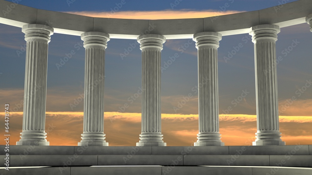 Ancient marble pillars in elliptical arrangement with orange sky - obrazy, fototapety, plakaty 