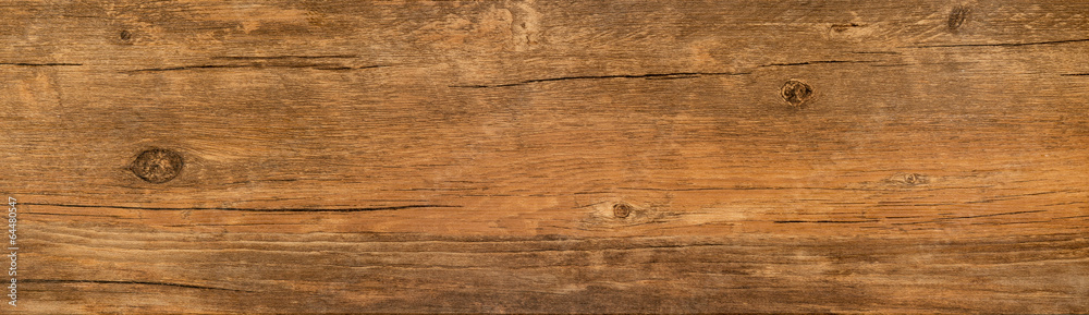 Wood texture background, long rough barn plank with nature pattern, old brown board - obrazy, fototapety, plakaty 