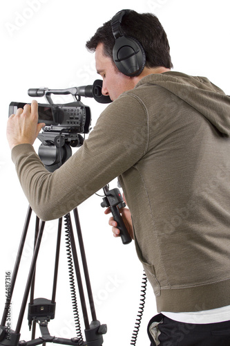 Fotografie, Obraz video camera operator with tripod on white background