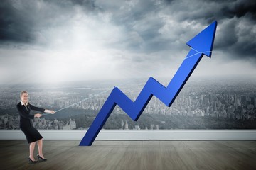 Poster - Composite image of businesswoman pulling a rope around arrow