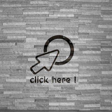 3d graphic of a stylish click here sign  on noble stone texture