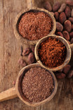 Fototapeta Mapy - cocoa powder in spoon on roasted cocoa chocolate beans backgroun