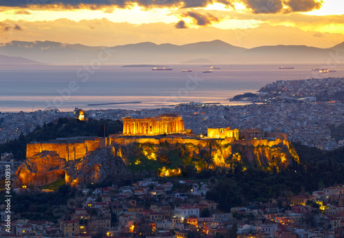 Naklejka dekoracyjna Athens, Greece. After sunset. Parthenon and Herodium constructio