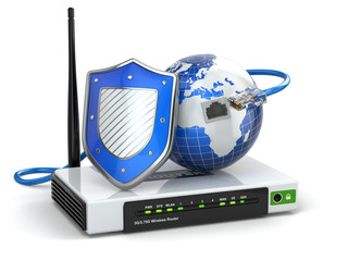 Poster - Internet security. Router with shield and earth.