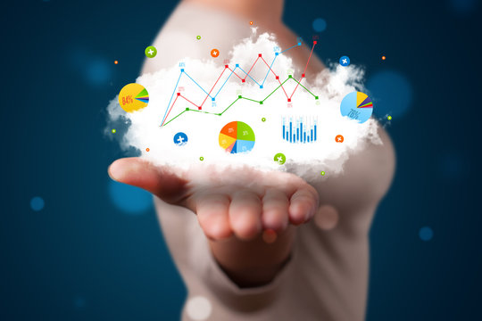Young woman presenting cloud with charts and graph icons and sym