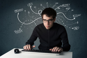Fototapete - Young hacker with white drawn line thoughts