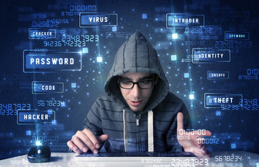 Fototapete - Hacker programing in technology enviroment with cyber icons