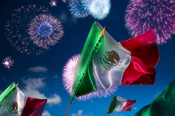 Mexican flags with fireworks, independence day, cinco de mayo ce