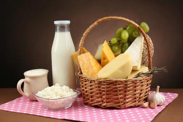 Wall Mural - Basket with tasty dairy products