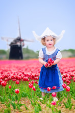 Sweet Girl In Dutch Costume In Tulips Field With Windmill