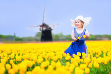 Adorable Girl In Dutch Costume In Tulips Field Next Windmill
