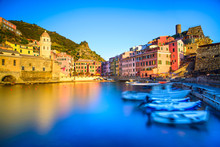 Vernazza Village, Church, Boats And Sea Harbor On Sunset. Cinque