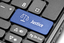 Justice Concept. Blue Hot Key On Computer Keyboard With Balance 