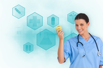 Composite image of happy surgeon holding an apple and smiling at