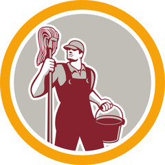 Sticker - Janitor Holding Mop and Bucket Circle Retro