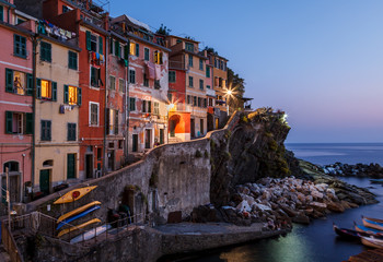 Fototapete - Village of Riomaggiore in Cinque Terre Illuminated at Night, Ita