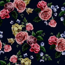 Vector Seamless Floral Pattern With Roses On Black Background