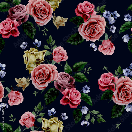 Obraz w ramie Vector seamless floral pattern with roses on black background