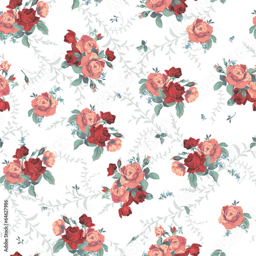 Naklejka - mata magnetyczna na lodówkę Vector seamless floral pattern with roses on white background