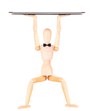 Wooden Dummy Waiter With Empty Silver Tray
