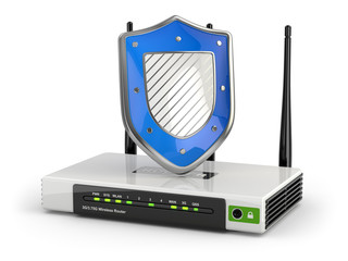 Poster - Internet security. Router with shield.