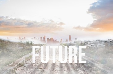 Poster - Future against stony path leading to misty city horizon