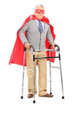 Sticker - Mature superhero walking with walker