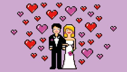 wedding card in pixel art game style vector