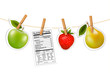 © ecco - Fruit stickers and a nutrition label hanging on a rope. Vector.