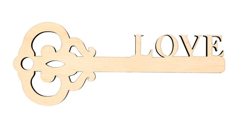 Wall Mural - Handmade wooden decorative key, isolated on white