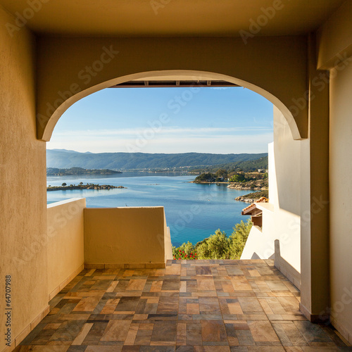 Obraz w ramie Sea view from apartment in the luxury hotel, Halkidiki, Greece