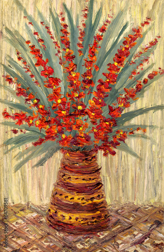 Fototapeta na wymiar Still life oil. Bouquet with sprigs of bright red flowers